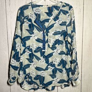 Soft Surroundings Blue Ivory Floral Gillian Blouse Tunic Popover Top Size Small